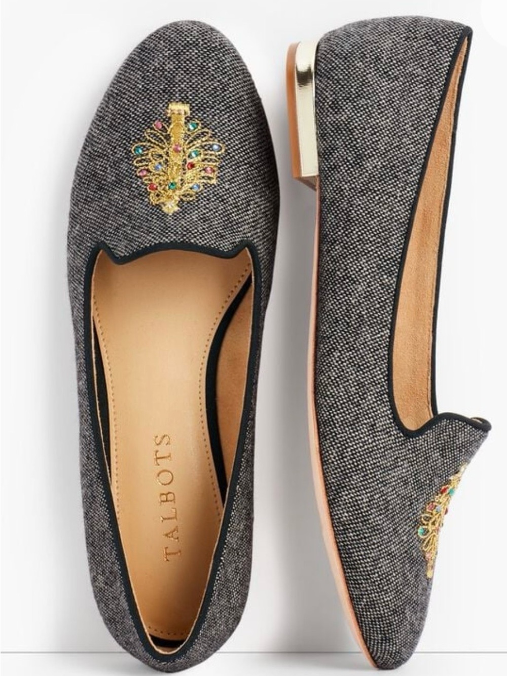 Talbots “Ryan” Holiday Novelty Embellished Grey Tweed Slip-On Flats Womens 8.5